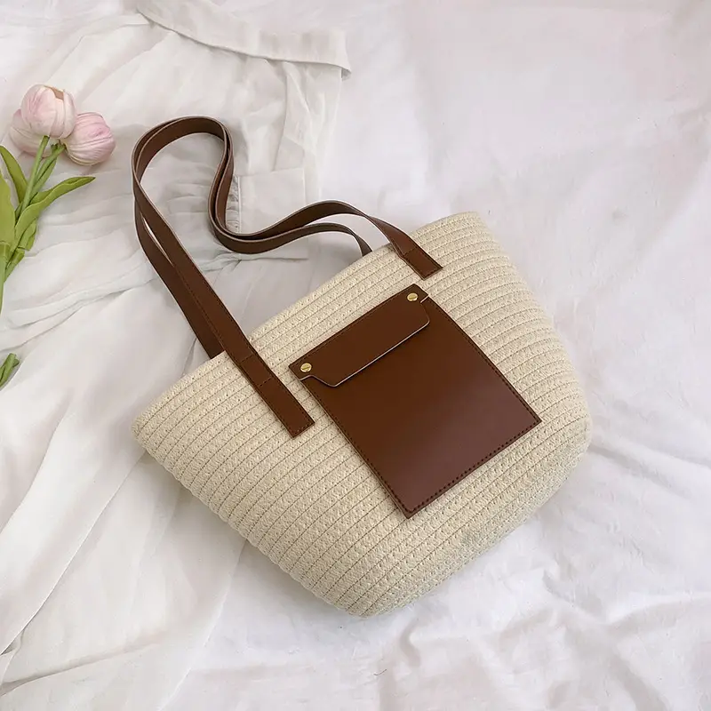 Summer Straw Tote Bag with Brown Leather Trim - Image 2