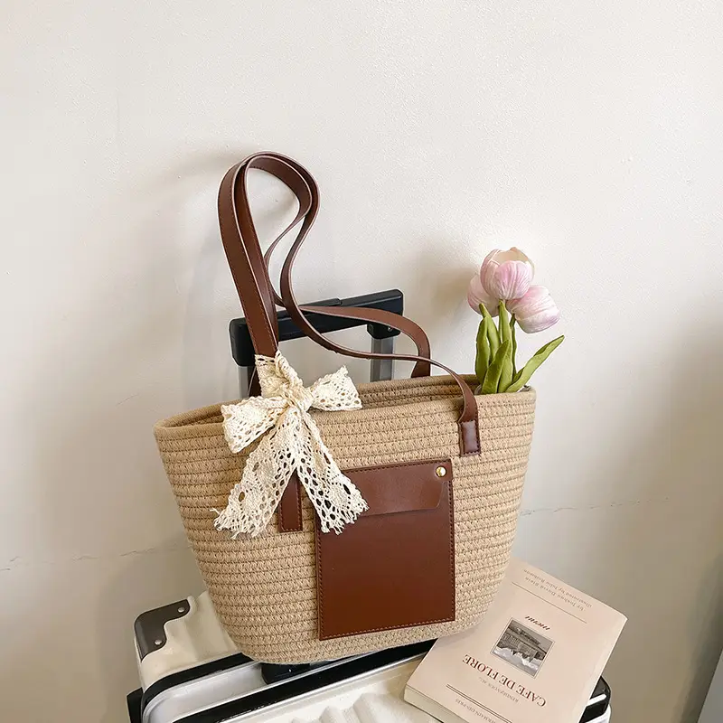 Summer Straw Tote Bag with Brown Leather Trim - Image 3