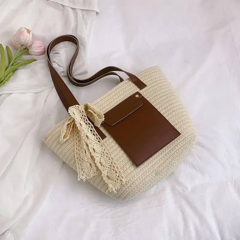 Summer Straw Tote Bag with Brown Leather Trim - Image 4