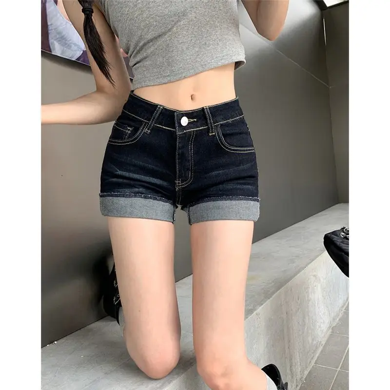 High-Waisted Dark Blue Stretchy Shorts for Women