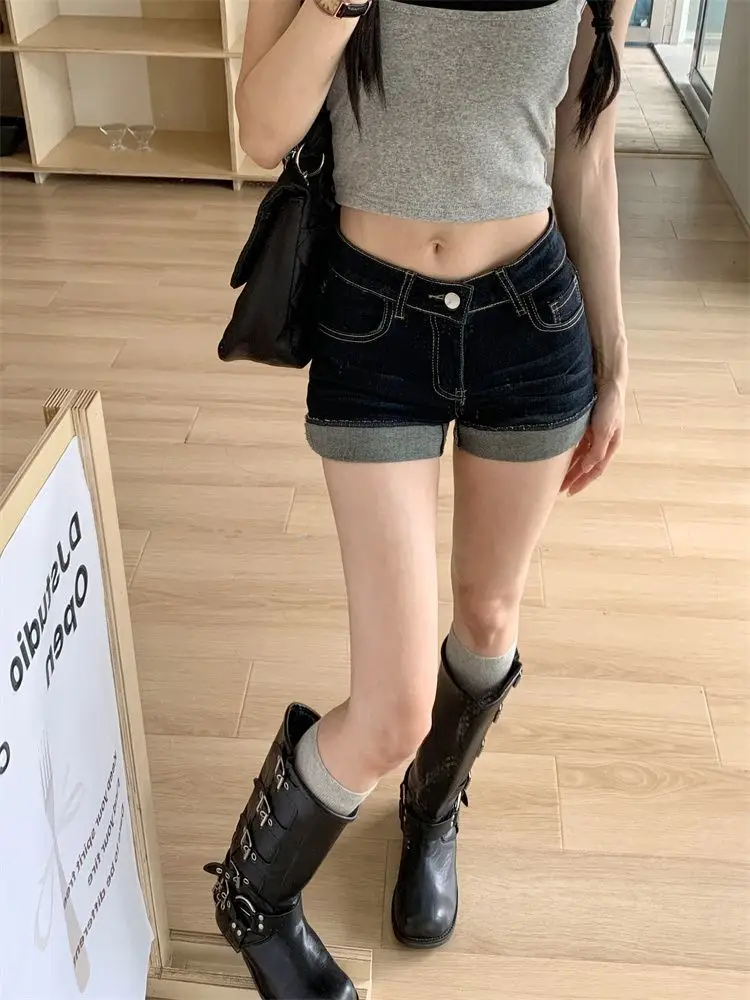 High-Waisted Dark Blue Stretchy Shorts for Women — feature 10