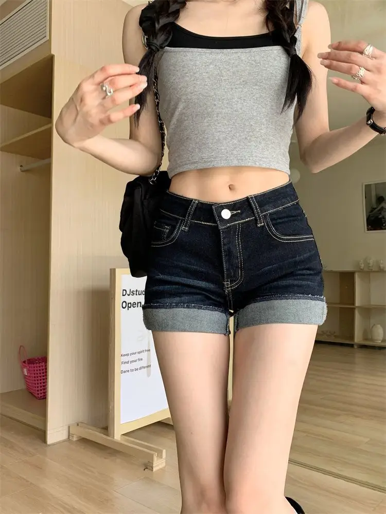 High-Waisted Dark Blue Stretchy Shorts for Women — feature 12