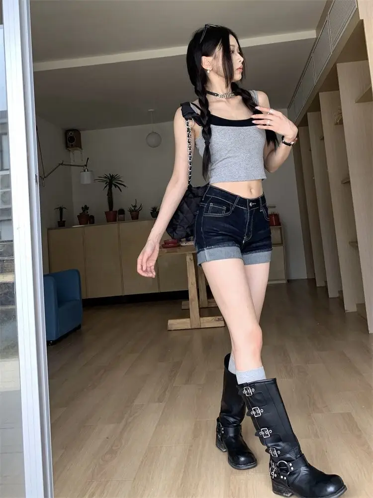 High-Waisted Dark Blue Stretchy Shorts for Women — feature 13