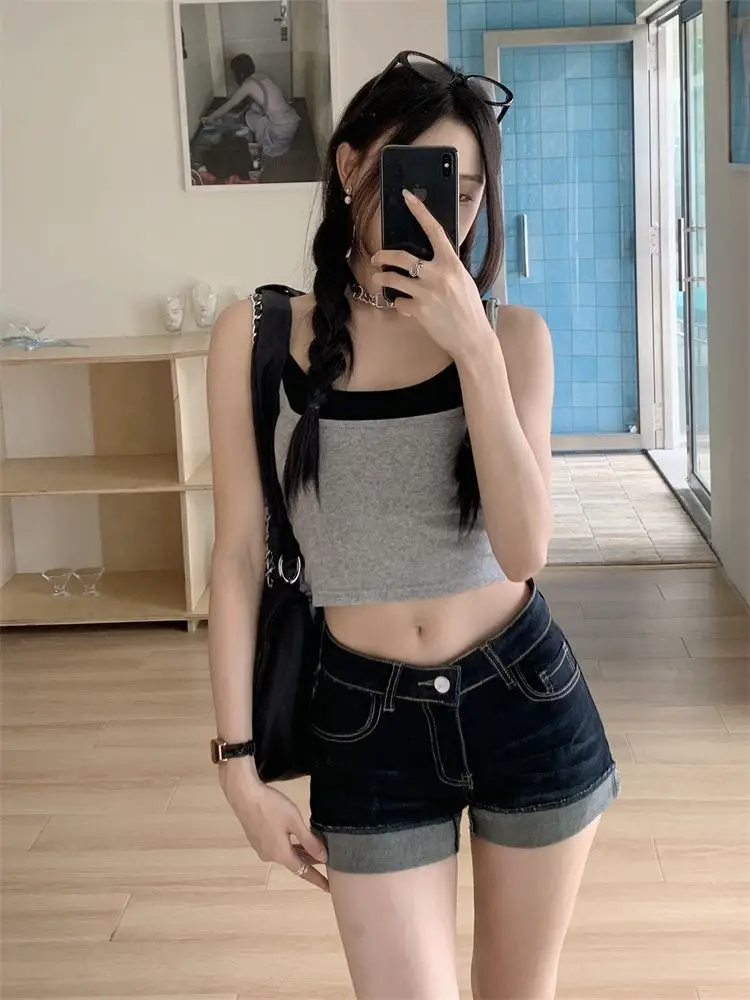 High-Waisted Dark Blue Stretchy Shorts for Women — feature 17