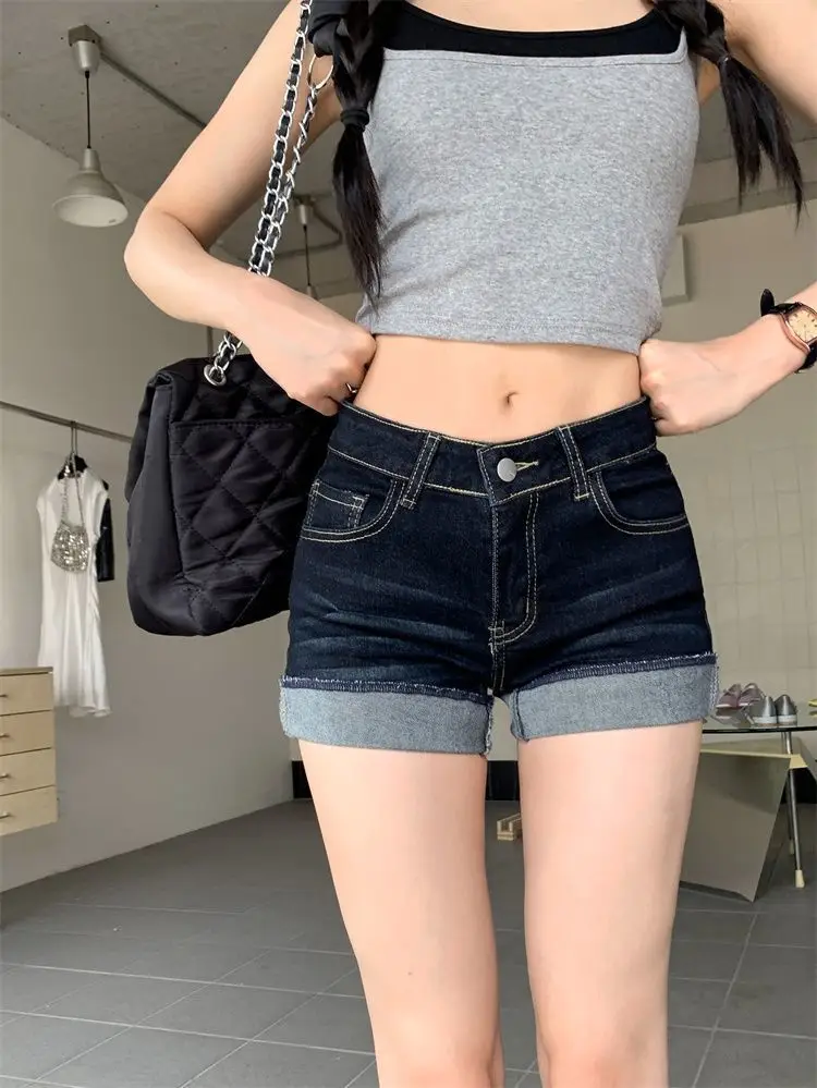 High-Waisted Dark Blue Stretchy Shorts for Women — feature 18