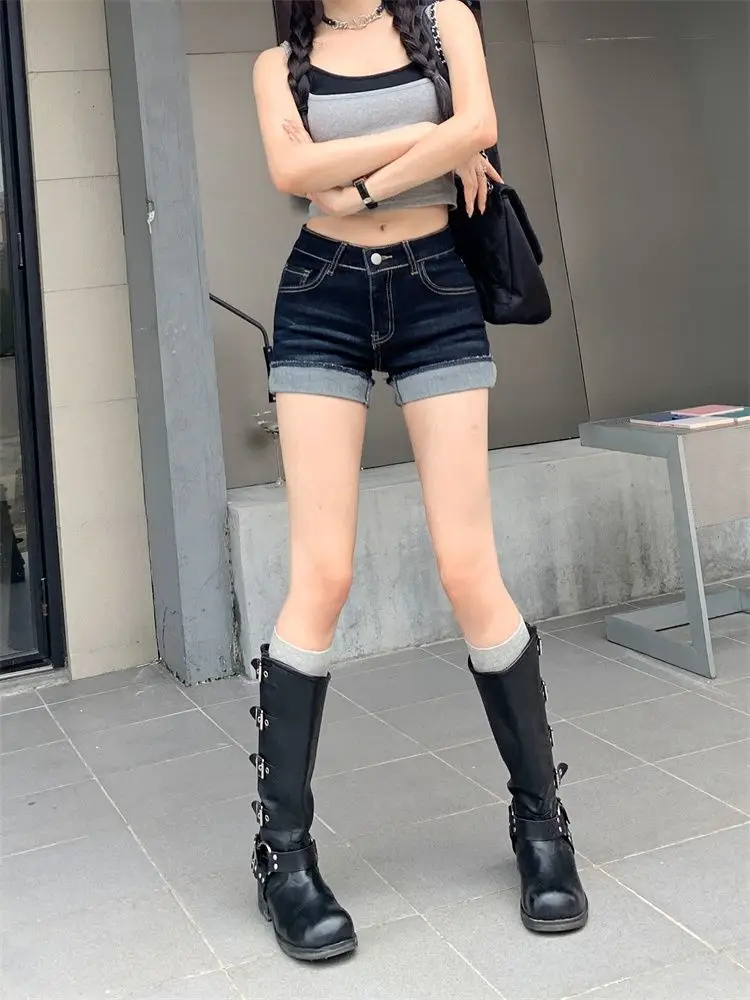 High-Waisted Dark Blue Stretchy Shorts for Women — feature 2