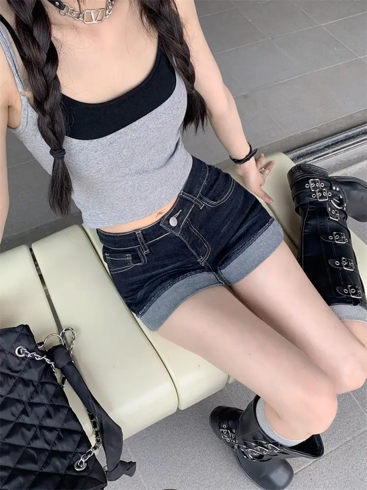 High-Waisted Dark Blue Stretchy Shorts for Women — feature 3