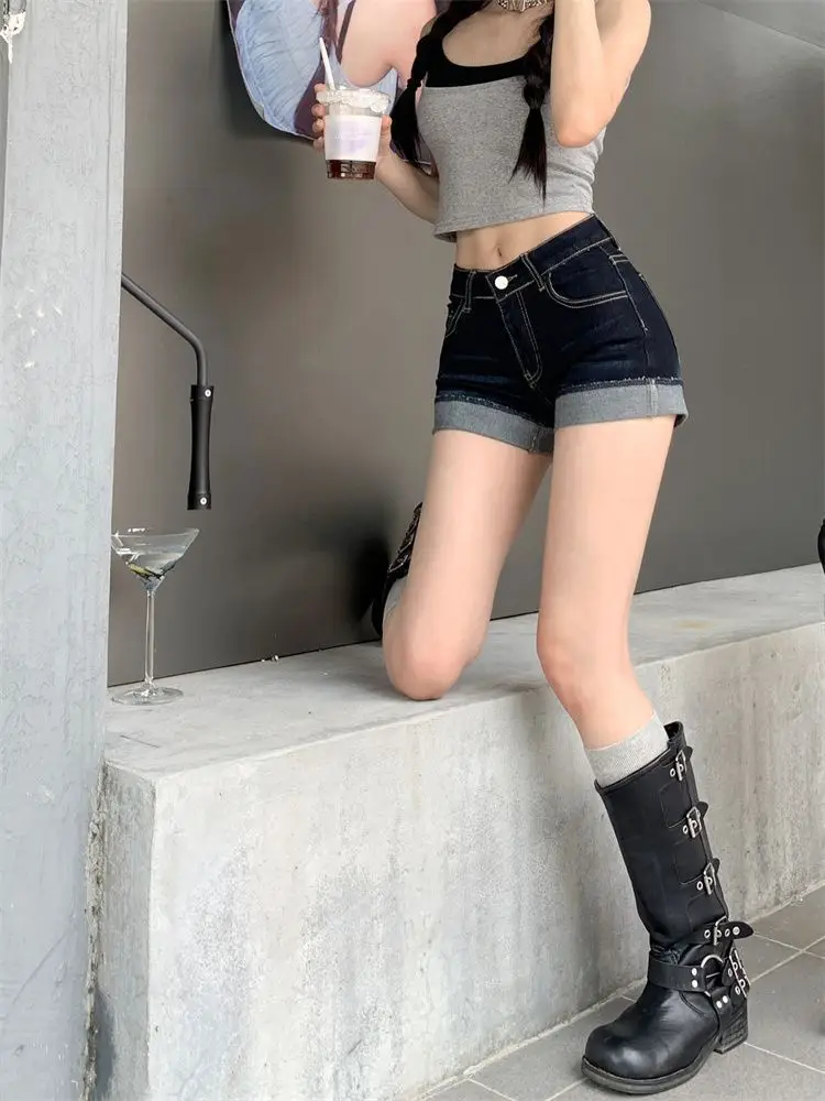High-Waisted Dark Blue Stretchy Shorts for Women — feature 5