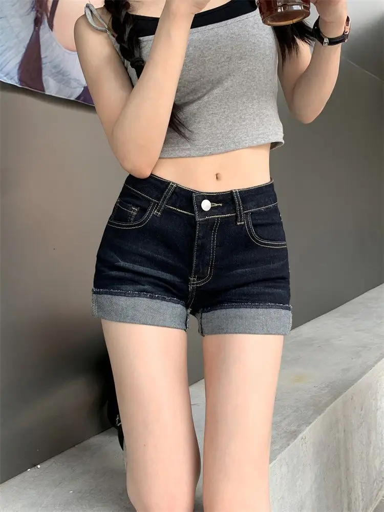High-Waisted Dark Blue Stretchy Shorts for Women — feature 6