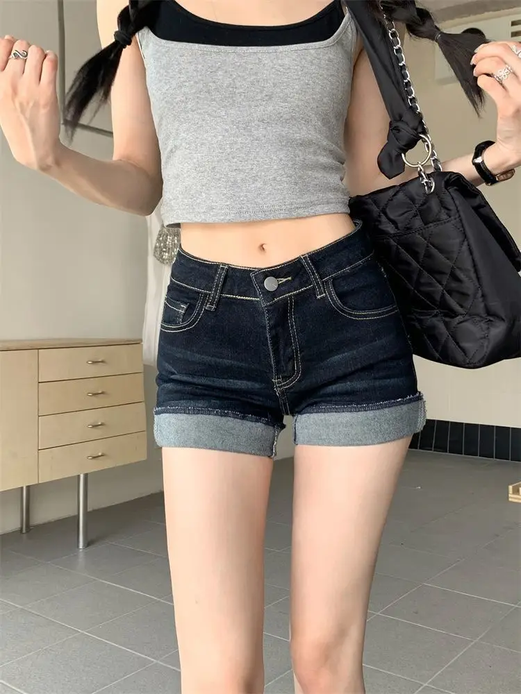 High-Waisted Dark Blue Stretchy Shorts for Women — feature 9