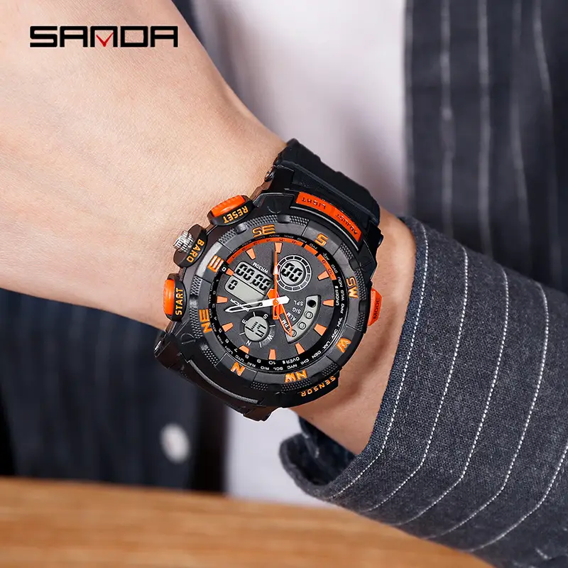 Men's Waterproof Dual-Display Sports Watch with Orange Band - Image 5