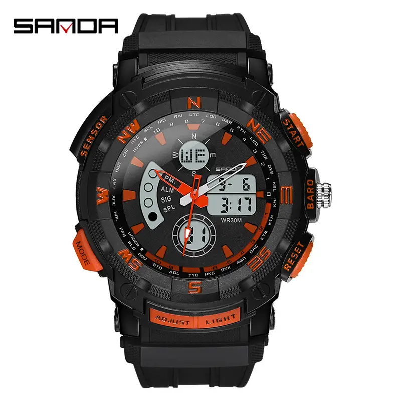 Men's Waterproof Dual-Display Sports Watch with Orange Band - Image 2