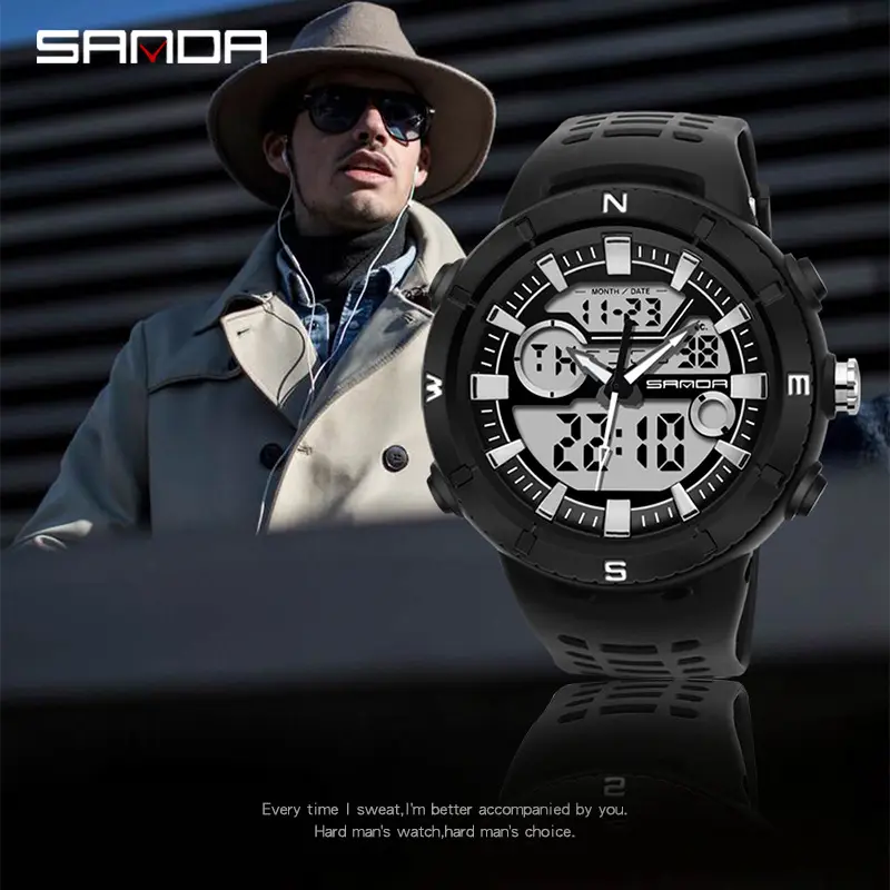 Sanda Men's Green Digital Watch with 3 Subdials