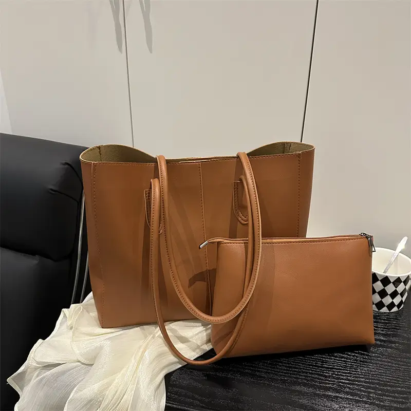New Fashion Solid Brown Tote Bag Two-Piece Set - Image 5