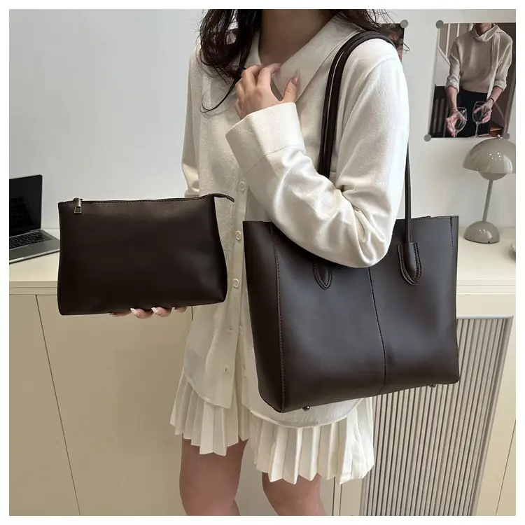 New Fashion Solid Brown Tote Bag Two-Piece Set — feature 15