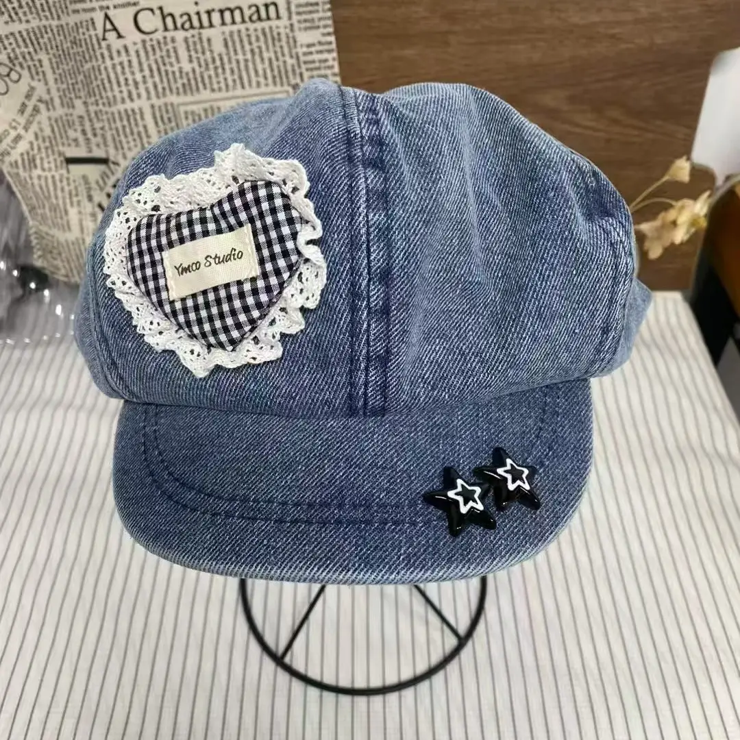 Heart Lace Denim Travel Cap with Sun Protection