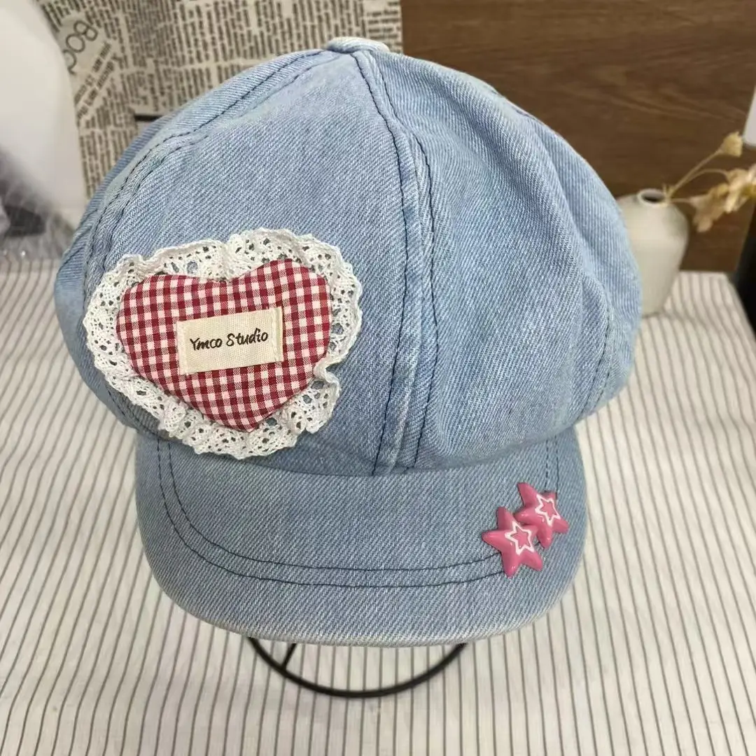 Heart Lace Denim Travel Cap with Sun Protection