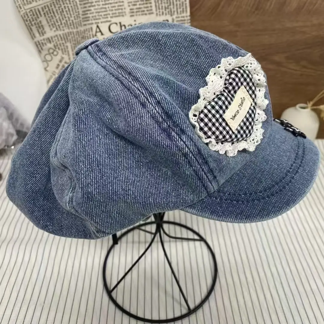 Heart Lace Denim Travel Cap with Sun Protection