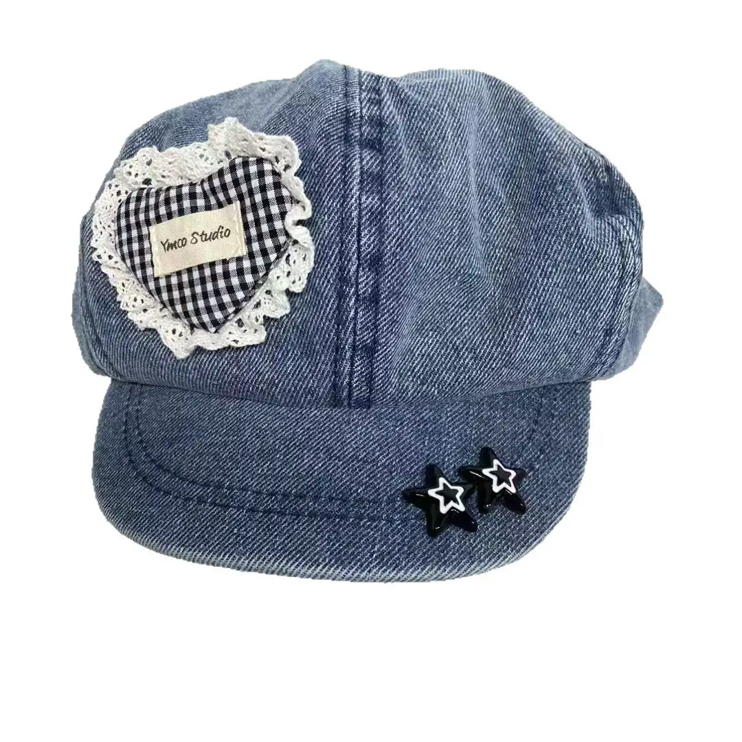 Heart Lace Denim Travel Cap with Sun Protection