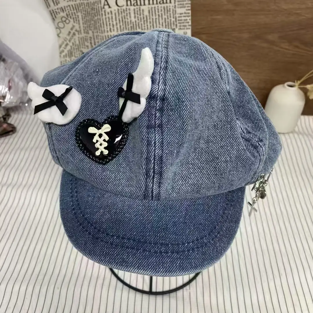 Heart Lace Denim Travel Cap with Sun Protection