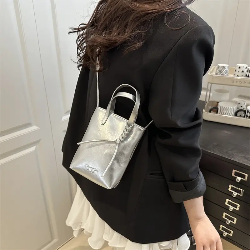 Women Silver Crossbody Bag with Handle Luggage Leather Goods - Image 6
