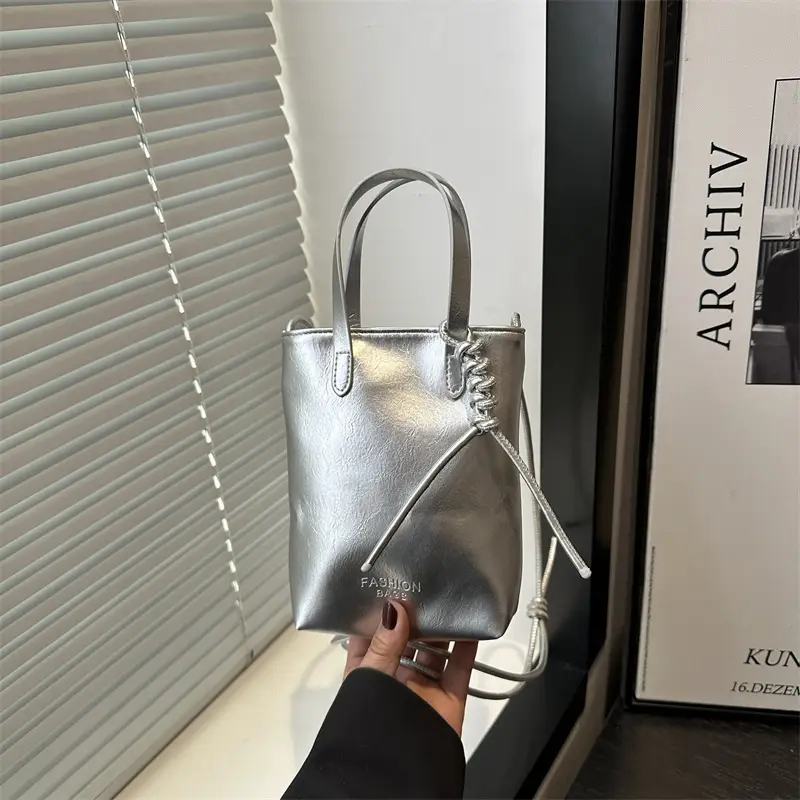 Women Silver Crossbody Bag with Handle Luggage Leather Goods - Image 2