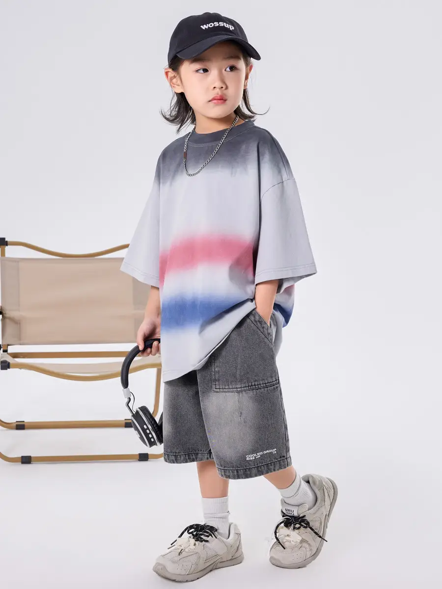Kids Boys T-Shirt Grey Red Blue Gradient Cotton Medium Large - Image 2