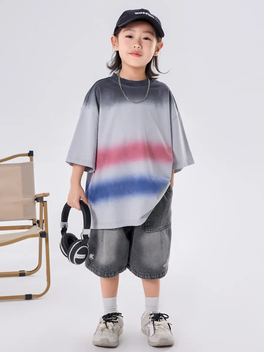 Kids Boys T-Shirt Grey Red Blue Gradient Cotton Medium Large - Image 3