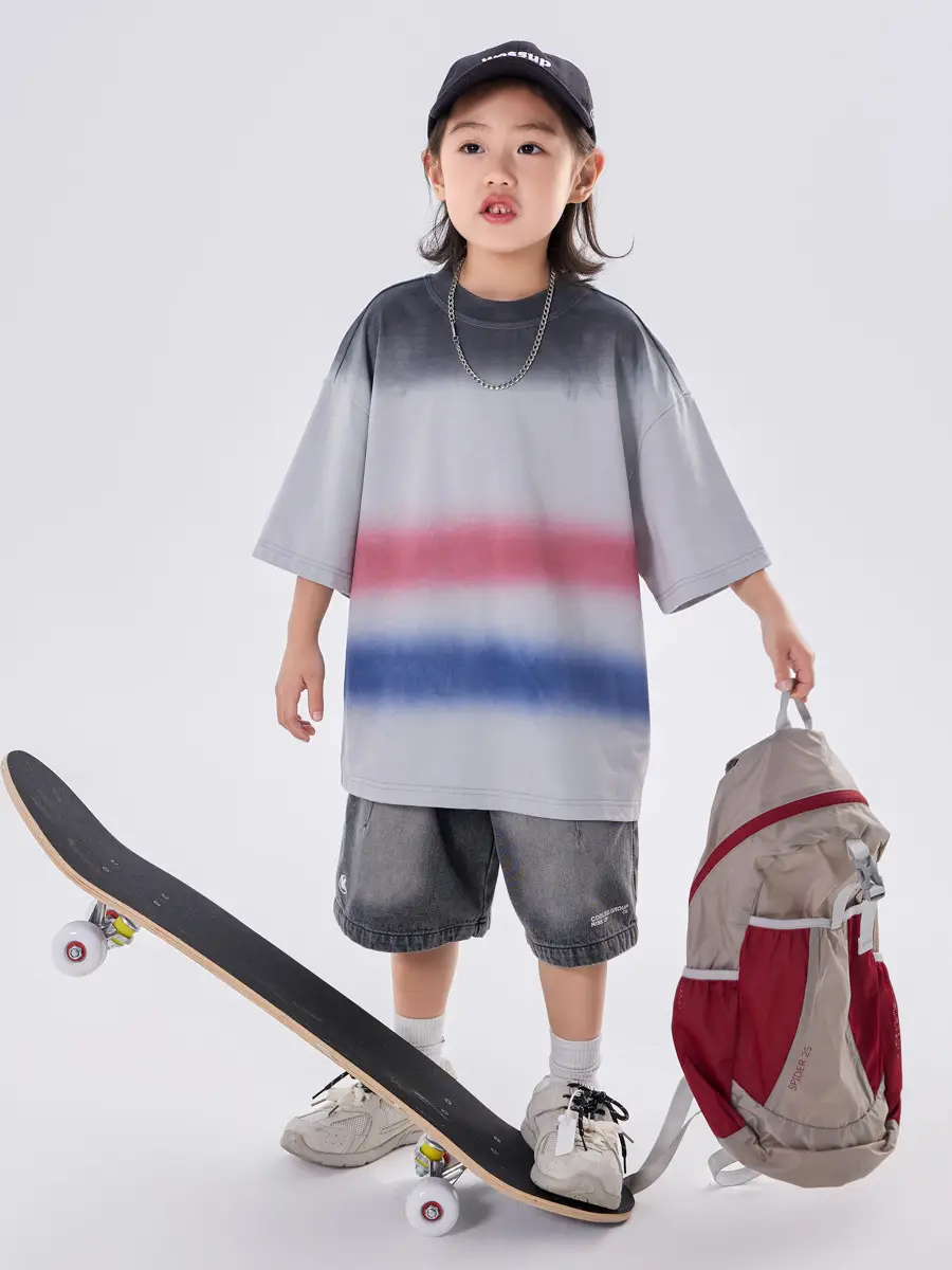 Kids Boys T-Shirt Grey Red Blue Gradient Cotton Medium Large - Image 4