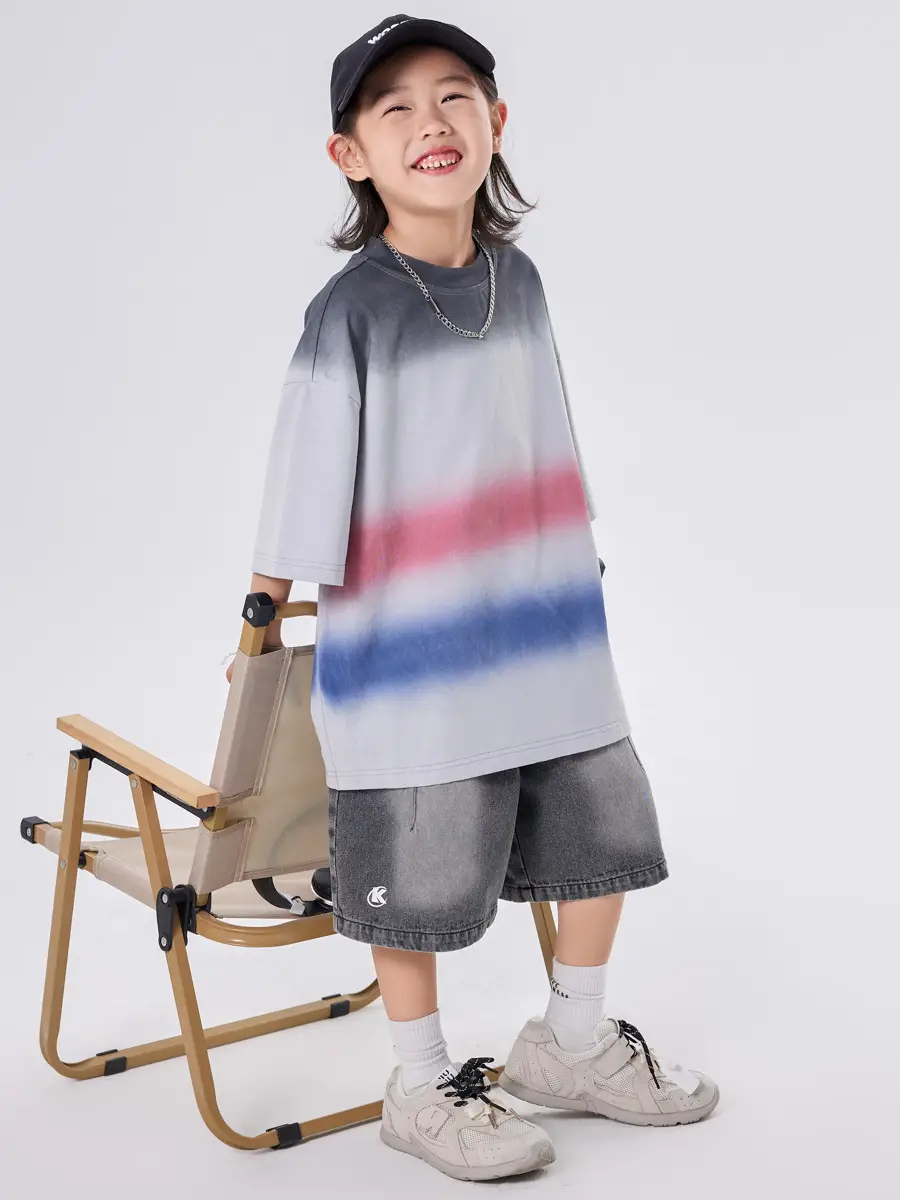 Kids Boys T-Shirt Grey Red Blue Gradient Cotton Medium Large - Image 6