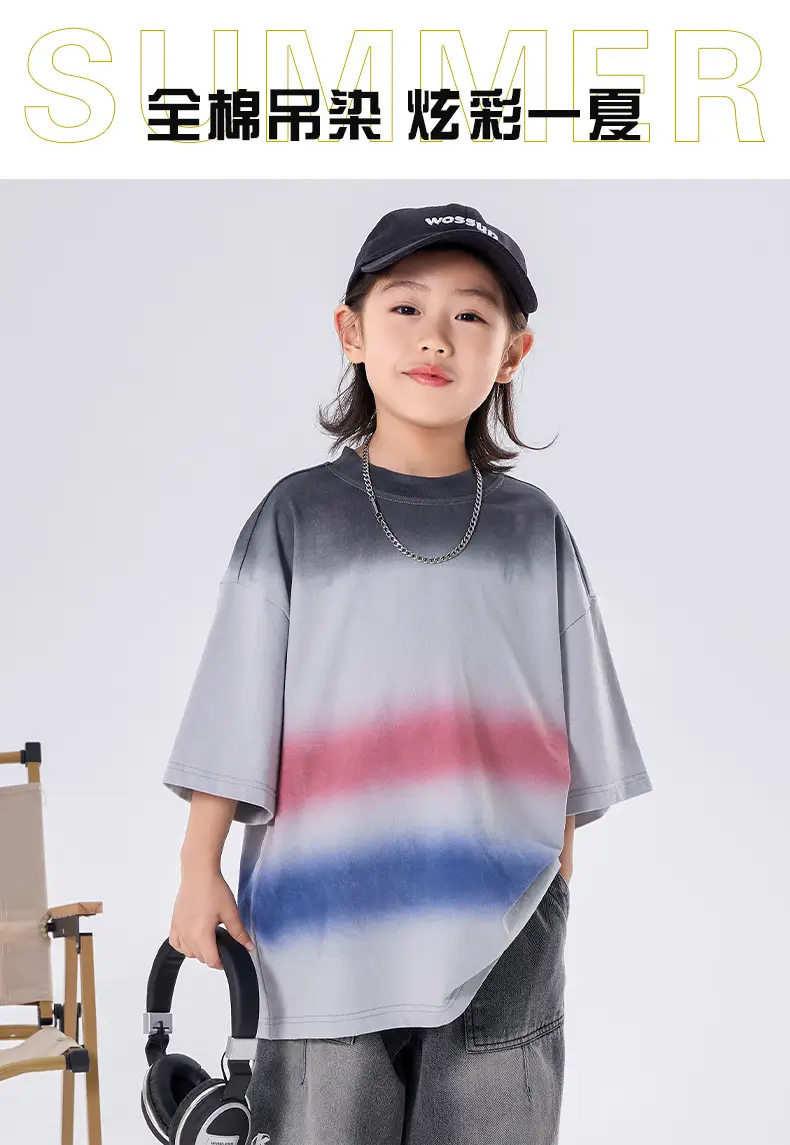 Kids Boys T-Shirt Grey Red Blue Gradient Cotton Medium Large — feature 1