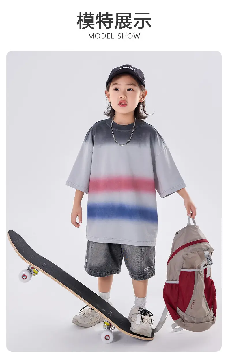 Kids Boys T-Shirt Grey Red Blue Gradient Cotton Medium Large — feature 4
