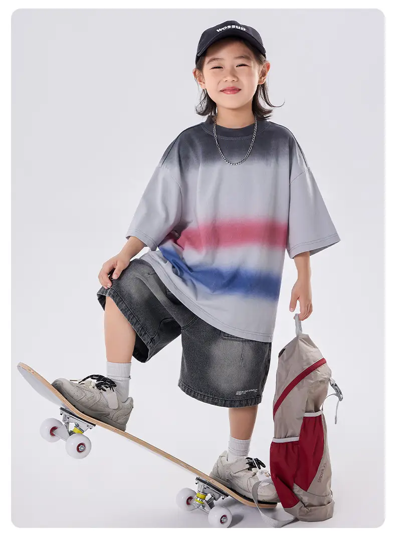 Kids Boys T-Shirt Grey Red Blue Gradient Cotton Medium Large — feature 5