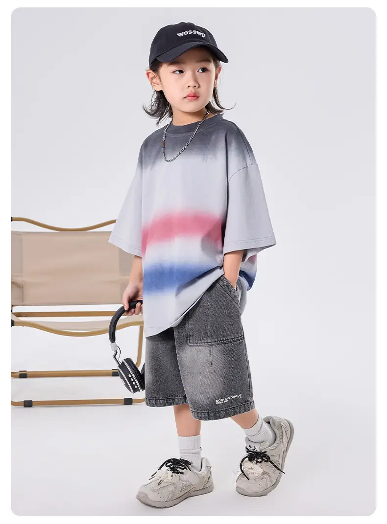 Kids Boys T-Shirt Grey Red Blue Gradient Cotton Medium Large — feature 6