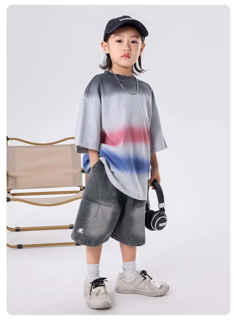 Kids Boys T-Shirt Grey Red Blue Gradient Cotton Medium Large — feature 7