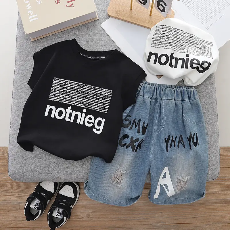 Children Cotton Letter T-Shirt Shorts Set White Blue Summer Boys