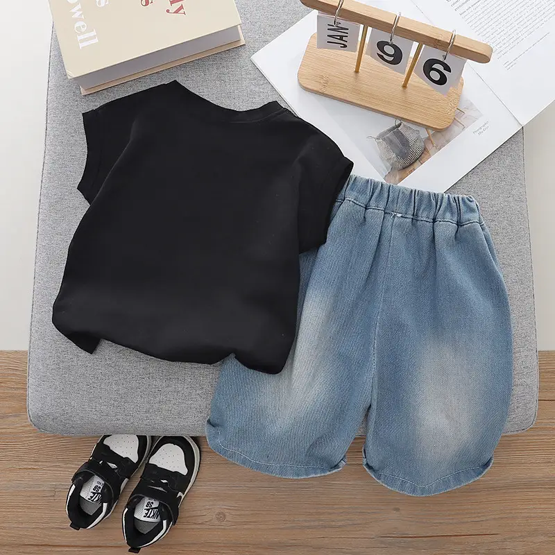 Children Cotton Letter T-Shirt Shorts Set White Blue Summer Boys