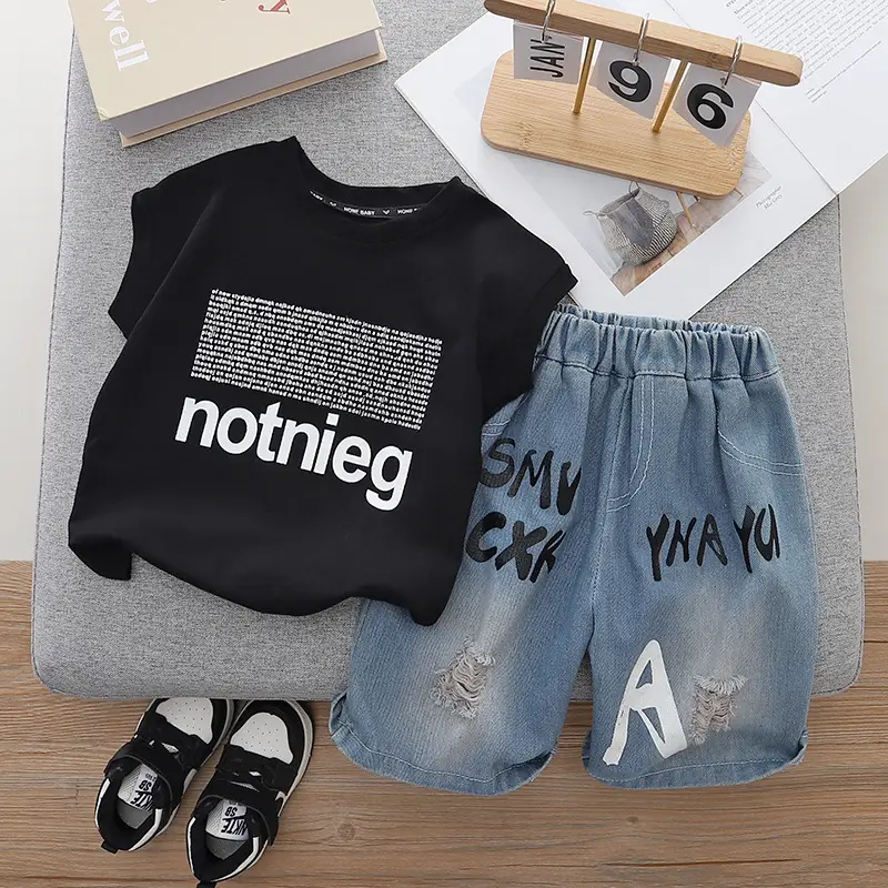 Children Cotton Letter T-Shirt Shorts Set White Blue Summer Boys — feature 2
