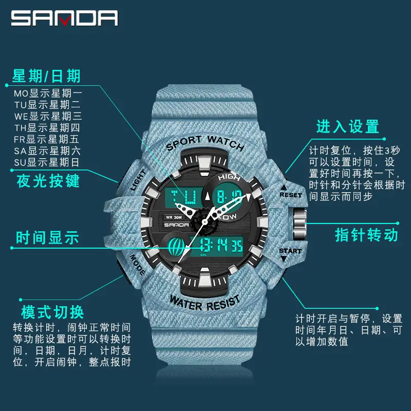 Sanda Waterproof Men's Digital Watch with Textured Strap