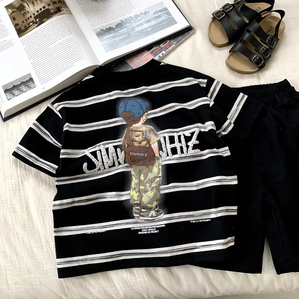 Boys Striped T-Shirt Medium Large Kids Summer Korean Style