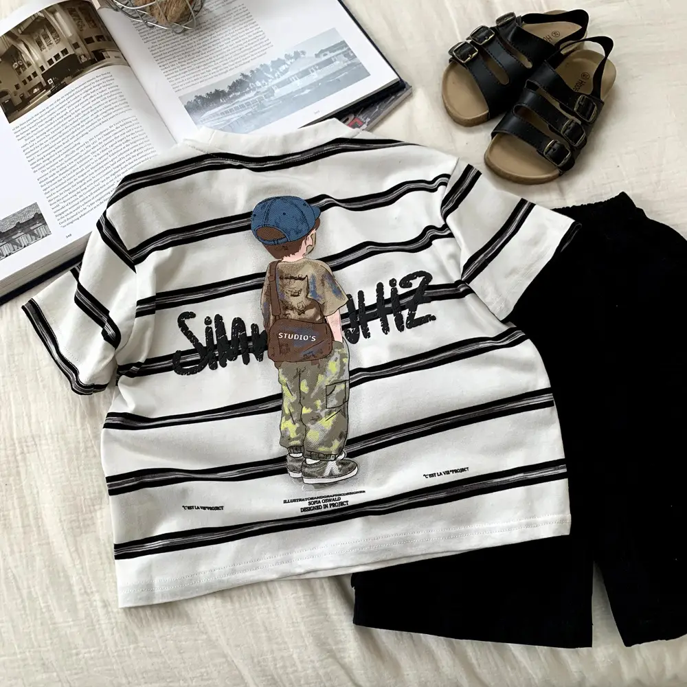 Boys Striped T-Shirt Medium Large Kids Summer Korean Style — feature 4