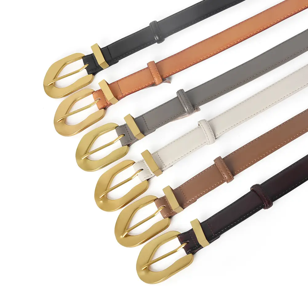 Korean Style Belt with Gold Buckle Brown Leather - Image 8