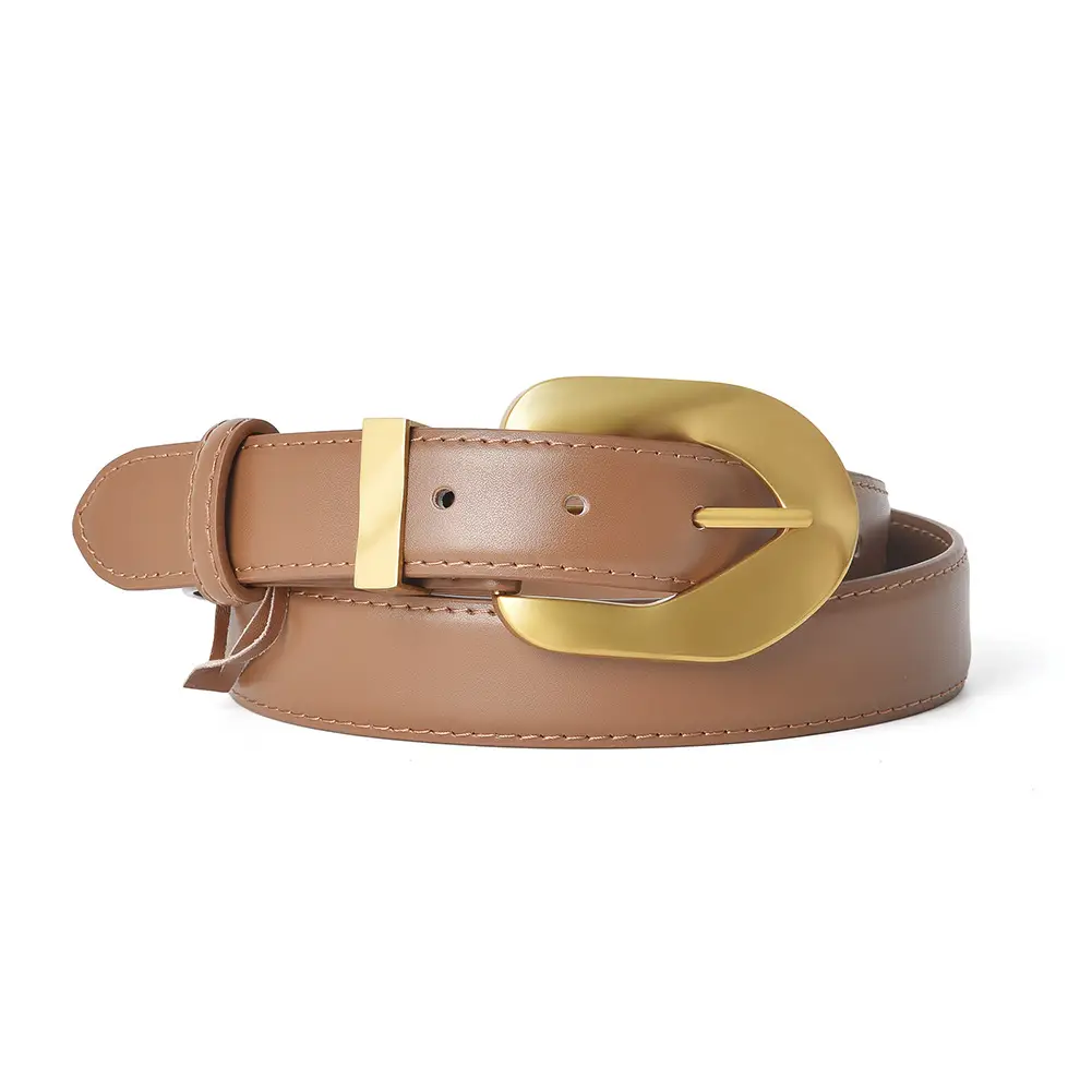 Korean Style Belt with Gold Buckle Brown Leather - Image 11