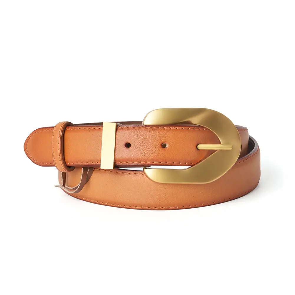 Korean Style Belt with Gold Buckle Brown Leather - Image 3