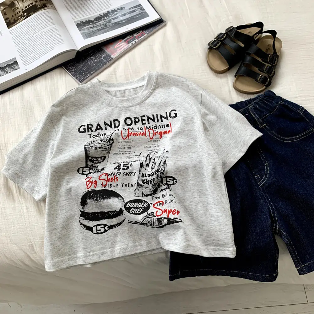 Boys Grey Graphic T-Shirt 2025 Summer Cool Western Style — feature 2