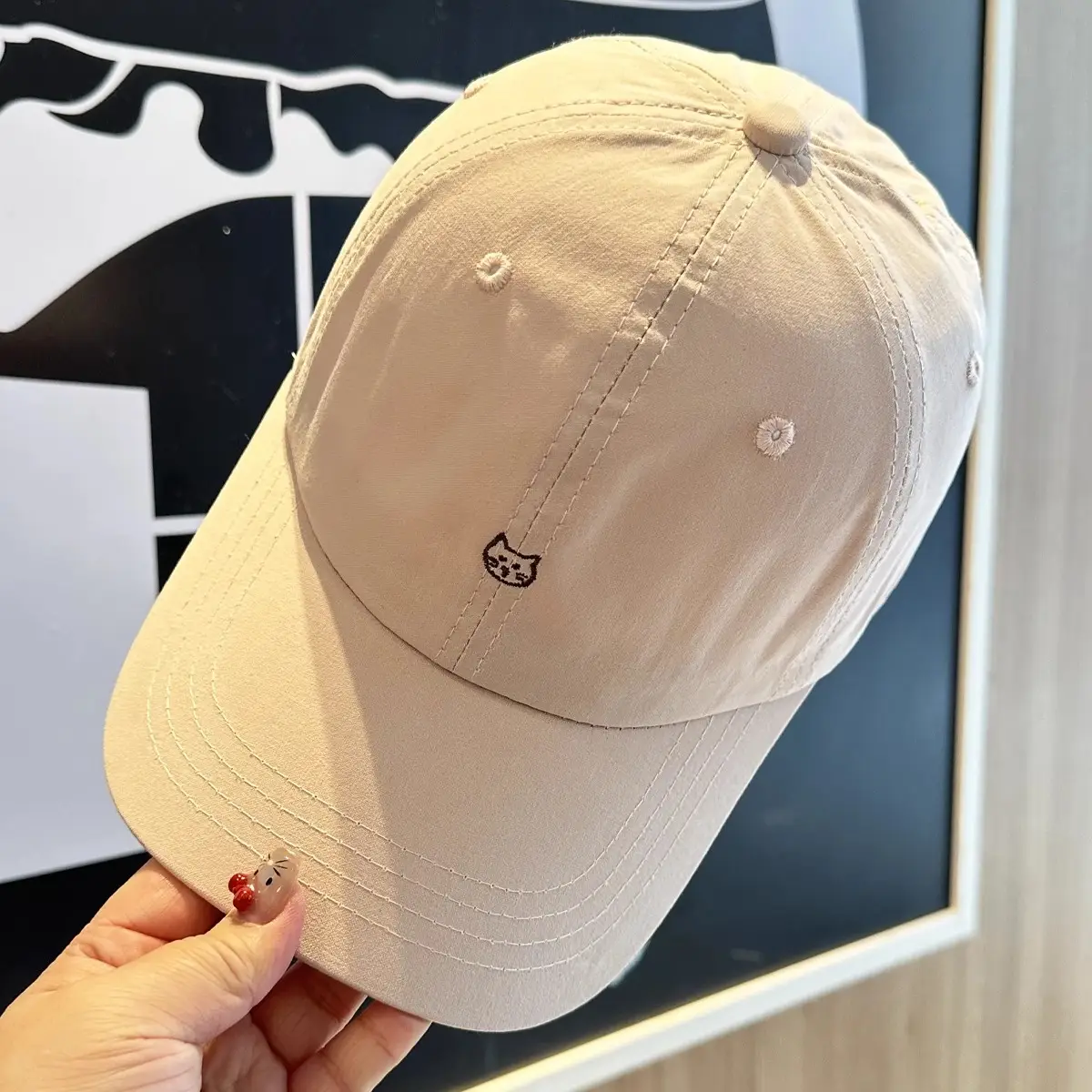 Beige Cat Embroidered Baseball Cap for Women - Image 3