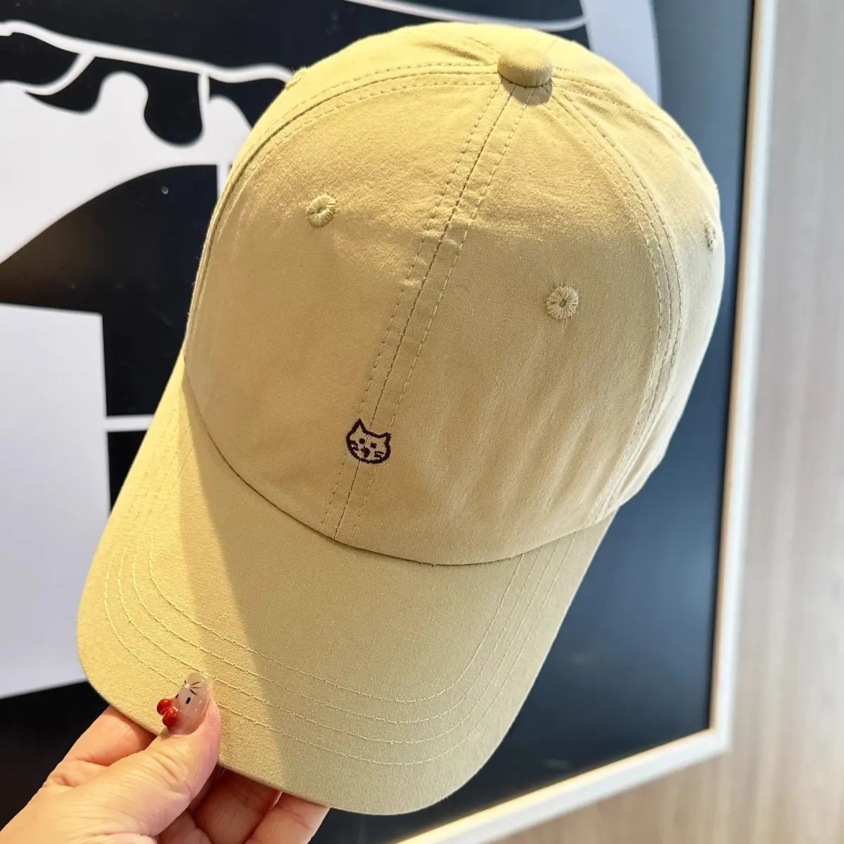 Beige Cat Embroidered Baseball Cap for Women - Image 4