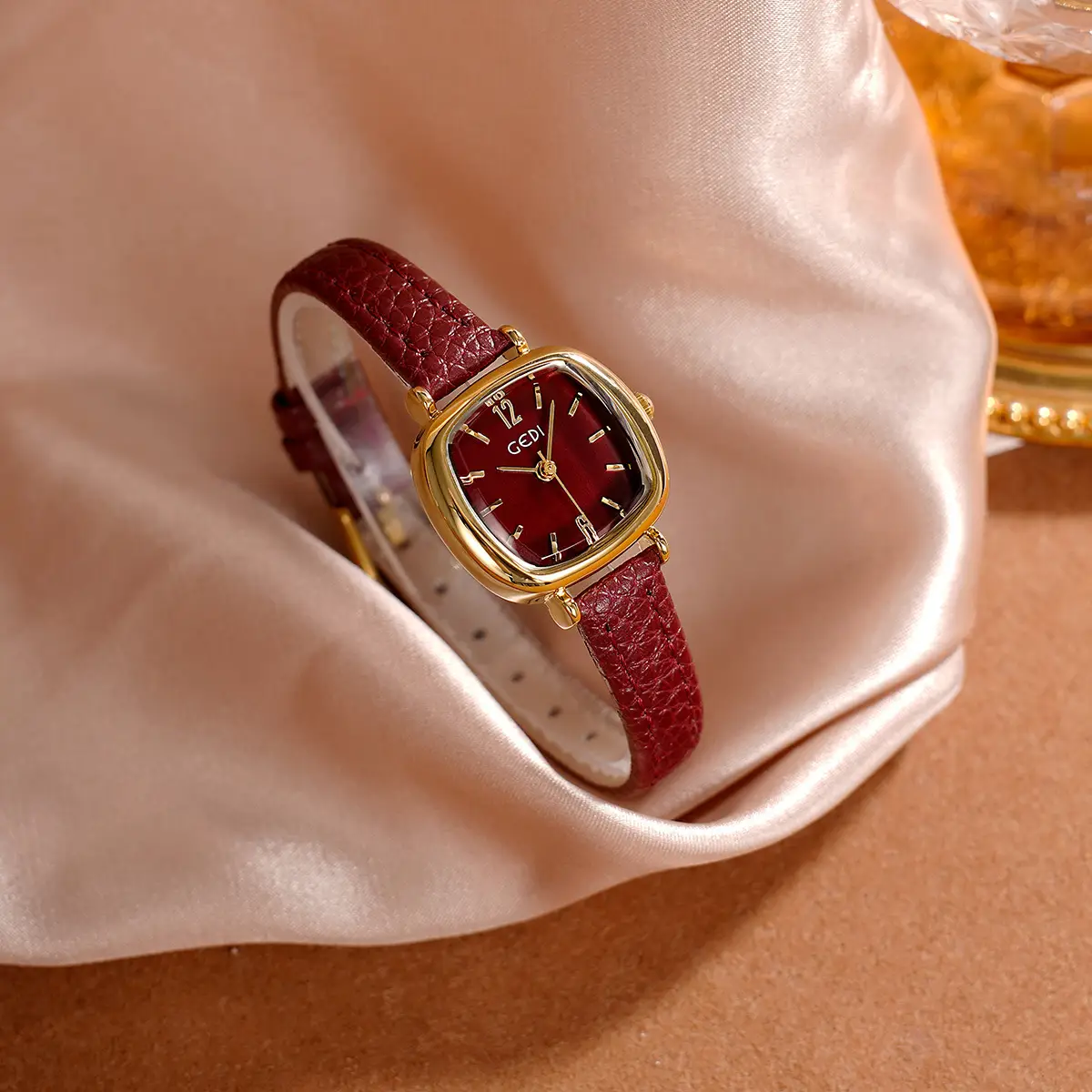Women's Gold Quartz Watch with Red Leather Strap - Image 7