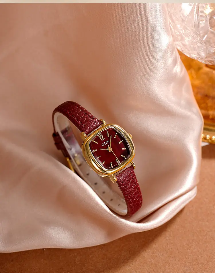 Women's Gold Quartz Watch with Red Leather Strap — feature 10