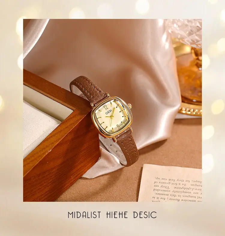 Women's Gold Quartz Watch with Red Leather Strap — feature 9